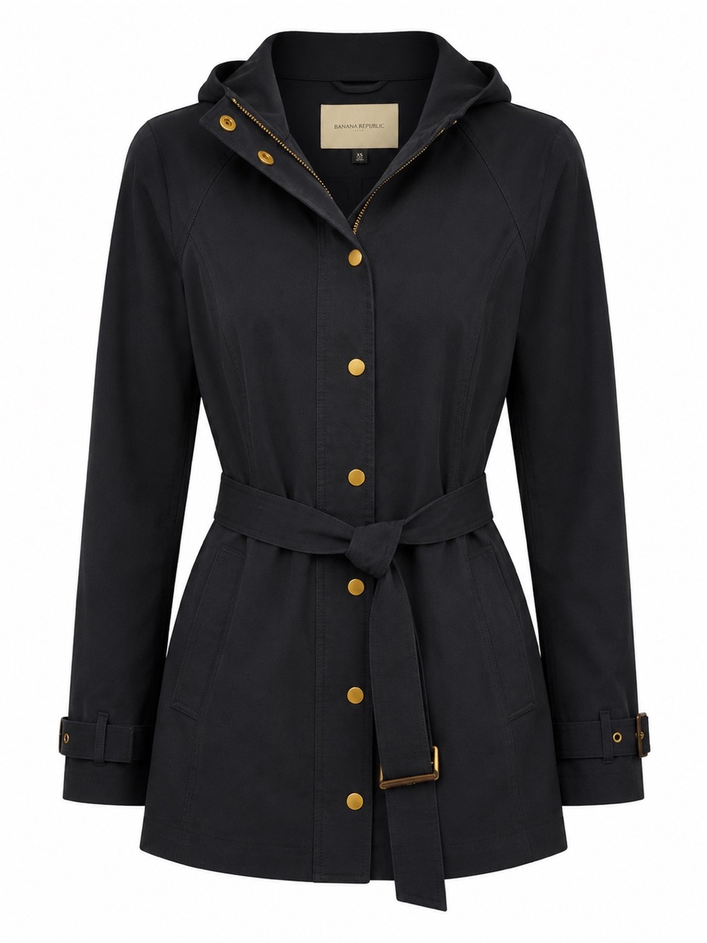 Banana Republic Black Hooded Belted Trench Coat with Gold Hardware